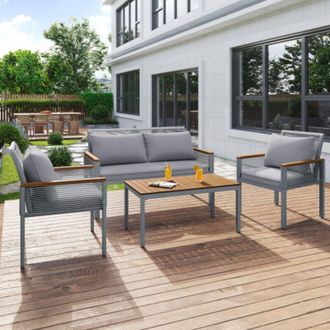 C&A Garden Lounge Set:Rattan Outdoor Furniture with Comfortable Cushions,Double Sofa,2 Armchairs,and Table in Grey