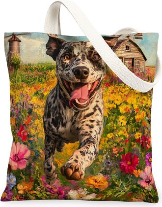 Generic Spring Catahoulas Leopard Dog Canvas Tote Bag for Shopping 13x15, Country Garden Puppy Reusable Grocery Print Pattern Bag for Women, Fun Flower Pet Be