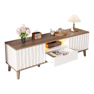 STILVORA Mueble Tv Con 2 Puertas Correderas, 1 Hueco Abierto Y Led Para Salon, En Mdf, Blanco Y Nogal Oscuro, 160&times;40&times;52 Cm