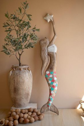 Kalalou Carved Wooden Mermaid Wall Art