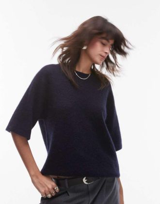 Arket alpaca and wool blend short sleeve sweater in dark blue