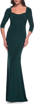 La Femme Long Jersey Evening Dress with Square Neckline and Sleeves in Hunter Green at Nordstrom, Size 20