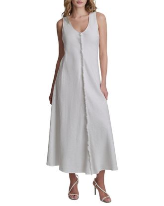 DKNY V-Neck Fray Seam Linen Dress