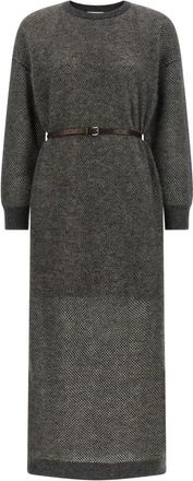 Brunello Cucinelli Glanzende Mohair en Wol Mesh Gebreide Midi Jurk - Dames - Kleedjes - Grijs - XS - Wol - Kleedjes