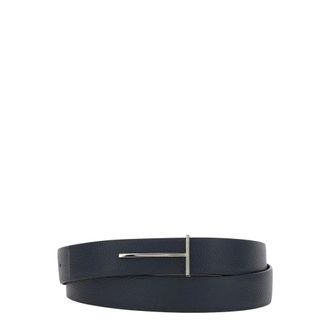 Tom Ford Accessoires, Heren, Blauw, 110 CM, Leer, Grain Leather Slim T Reversible Riem