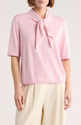 Halogen Tipped Tie Neck Short Sleeve Sweater in Charming Pink/Ivory at Nordstrom Rack, Size X-Small