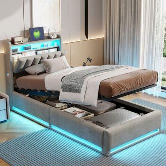 OEM Cama Simple 90x200 - Terciopelo Gris - Cofre Hidr&aacute;ulico - Led Rgb - Puertos Usb Integrados