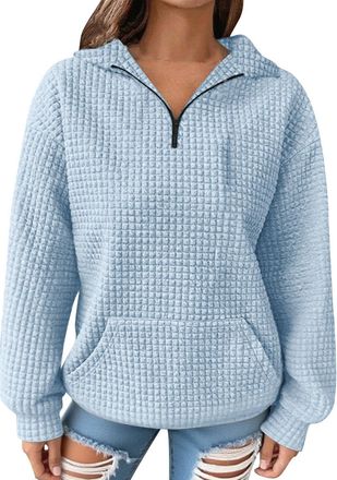 Generic KUIH Womens Sweatshirt Casual Waffle Top Long Sleeve Stand Collar 1/4 Zip Pullover Jumpers Lades Fashion Casual Warm Cosy Tops Ladies Half Zip Sweatsh