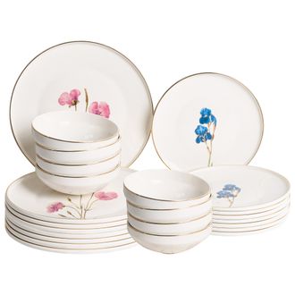 Beliani Vajilla De 24 Piezas De Porcelana Acabado Esmaltado Con Dise&ntilde;o Floral Multicolor Para 8 Personas Comedor Cocina Blanco Hyssop