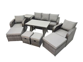 Fimous Garden Rattan Furniture Set 9 Seater with Side Table 2 Big Stool in Dark Grey