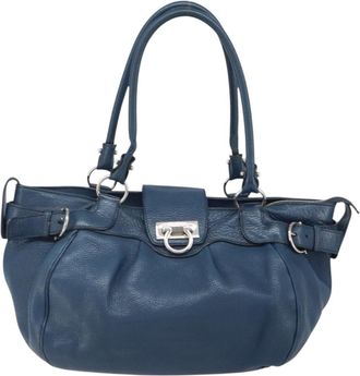 Ferragamo Gancini Handbag Leather Blue Leather Handbag (Pre-Owned)