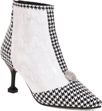 Generic Womens Patchwork Ankle Boots PU Leather Houndstooth Denim Pointed Toe Block Heels Comfortable Non Slip Durable for Daily Wear Street Fashion Party,Che