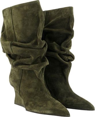 Balmain Womens Suede Wedge Ankle Boot Khaki Calfskin