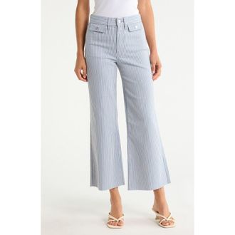 Paige Anessa High Waist Button Pocket Raw Hem Ankle Flare Jeans in Blue Breeze Stripe at Nordstrom, Size 32