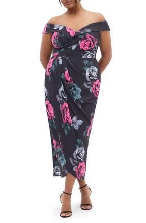 City Chic Clair Print Off the Shoulder Midi Dress in Blk Clementine at Nordstrom Rack, Size 14W