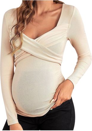 Generic Womens Maternity Shirts Solid Color Ribbed Long Sleeve Pregnancy Tops V Neck Classic Fashion Lightweight Pregnant Clothes Casual Trendy Elegant Loose 