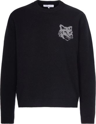 Maison Kitsun&eacute; Maglia girocollo con ricamo fox grande - Heren - Ronde hals truien - Zwart - L - Wol - Truien & Vesten