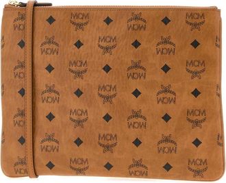MCM Unisex Aren Visetos Crossbody Bag Cognac Fabric