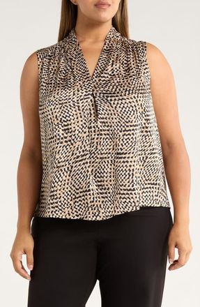 Kasper Abstract Print Pleated Sleeveless Top in Soft Sand Multi at Nordstrom, Size 2X