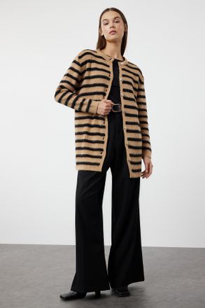 Trendyol Modest Dames Bruin Gestreept Lang Regular fit Modest Vesten
