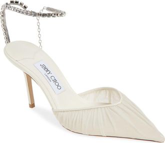 Jimmy Choo London Saeda Crystal Ankle Strap Pointed Toe Pump in Ivory/Crystal at Nordstrom, Size 12Us