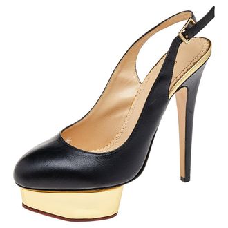 Charlotte Olympia Black Leather Dolly Platform Slingback Pumps