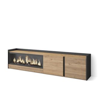 Skraut Home Mueble tv efecto madera roble negro 212x35x50cm chimenea efecto fuego