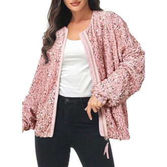 Generic Womens Sequin Jacket Zip Up Sparkly Solid Colour Long Sleeve Women Coat Glitter Sequin Bomber Top Biker Festival Clubbing Party Club Jacket Stylish an