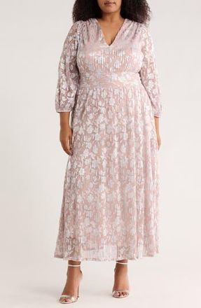 OLEG CASSINI Metallic Floral Long Sleeve Gown in Blush at Nordstrom Rack, Size 2 X