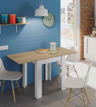 Dmora Mesa Extensible Dkuavit, Mesa De Comedor Plegable Con Apertura De Libro,mesa Auxiliar Plegable, 67x67/135h79 Cm, Blanco Y Roble - Dmora