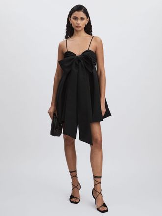 AMUR Womens Black Bow Detail Babydoll Dress, Size: 8