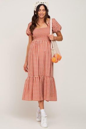 Pinkblush Gingham Smocked Midi Dress in Rust at Nordstrom, Size Medium