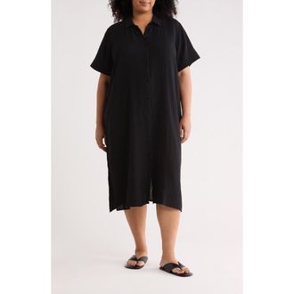 Eileen Fisher Classic Collar Organic Cotton Midi Shirtdress in Black at Nordstrom, Size 1 X