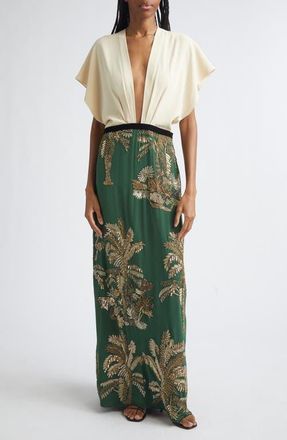 Johanna Ortiz Night Steps Plunge Neck Silk Blend Maxi Dress in Ecru /Green at Nordstrom, Size 10