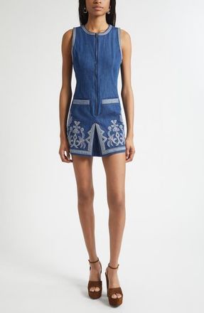 Ramy Brook Paulina Embroidered Sleeveless Denim Minidress in Tonal Embroidered Denim at Nordstrom, Size 00