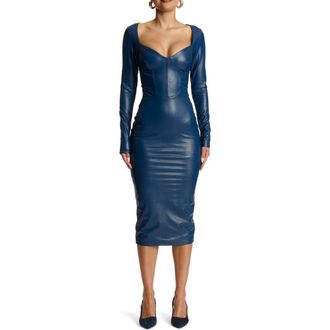 Naked Wardrobe Down to the Corset Long Sleeve Faux Leather Dress in Navy at Nordstrom Rack, Size Large