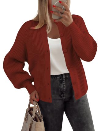 Zeagoo Womens Cardigans UK Long Sleeve Open Front Knit Sweater with Buttons Crew Neck Elegant Oversized Cardigan Ladies Autumn Soft Knitwear Cardigan Burgund