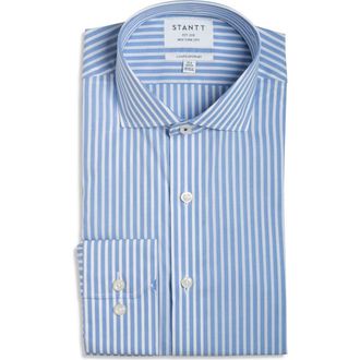 Stantt Contemporary Fit Bengal Stripe Wrinkle Resistant Cotton Dress Shirt in Blue/White at Nordstrom, Size 18 - 34