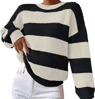 Generic Womens Cute Color Block Striped Sweater, Oversized Striped Color Block Comfy Loose Crew Neck Knitted Thin Pullover Sweater (Black,M)