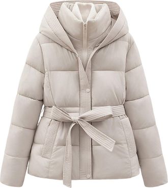 Generic Yolimok Womens Jackets Belted Hooded Puffer Jacket Softshell Jacket Full Zip Windbreaker Winter Jackets for Women Loose Parka Parkas Chunky Quilted Ho