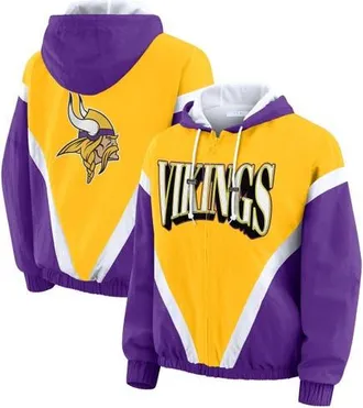 WEAR by Erin Andrews Womens WEAR by Erin Andrews Gold/Purple Minnesota Vikings Retro Crinkle Full-Zip Hoodie Windbreaker at Nordstrom, Size Xx-Large