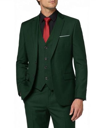 Mys Mens 3-Piece Slim Fit Suit Set with Tie, 2-Button Blazer Jacket, Vest and Trousers, Business, Wedding, Party, Prom, Mens Suit, dark green, M