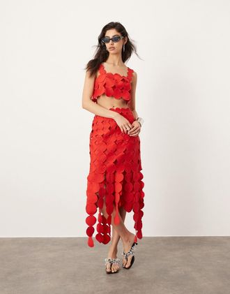 Asos Gonna midi appariscente rossa con dettagli circolari in coordinato-Multicolore