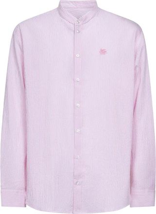 Etro Pegaso-Geborduurd Gestreept Shirt - Heren - Casual Overhemden - Roze - L - Katoen - Overhemden