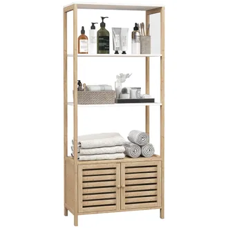 OEM Estanter&iacute;a De Ba&ntilde;o De Bamb&uacute; Con 3 Estantes Abiertos Puertas De Lamas 63x30x138 Cm Natural Y Blanco