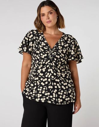 Live Unlimited London Womens Cherry Print Ruched Flutter Sleeve Top - Black - Size: 12