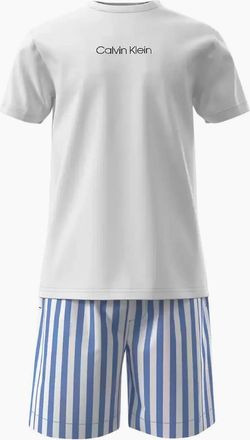 Calvin Klein Mens T-Shirt & Poplin Stripe Shorts Pyjama Set, White/blue - Size: 32/30/31