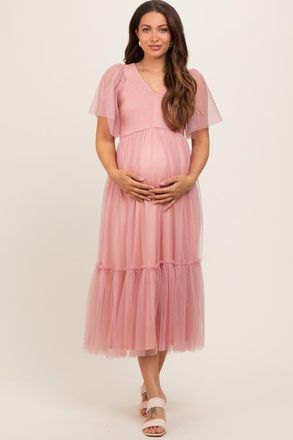 Pinkblush Dotted Tulle Smocked Maternity Midi Dress at Nordstrom, Size Medium