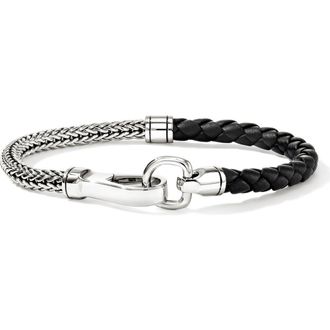 John Hardy Mens Braided Leather & Chain Bracelet in Silver/Black at Nordstrom, Size Medium