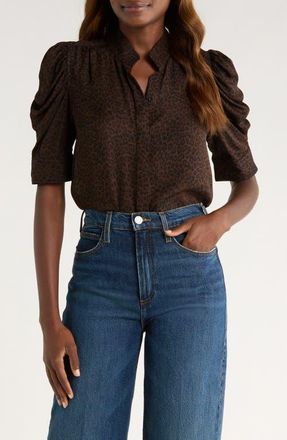 Frame Denim The Leopard Gillian Puff Sleeve Silk Top at Nordstrom, Size X-Small